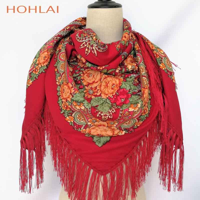 Vrouwen hart bedrukte kwast sjaals, russische grote maten bandana, warme poncho, stola sjaal: Bordeauxrood