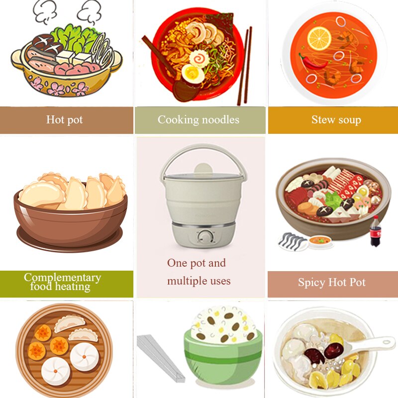 1L Folded Food grade Silicone slow cooker portable cooking pot Mini pot Travel electric cooker 3gear adjustment 100-240V