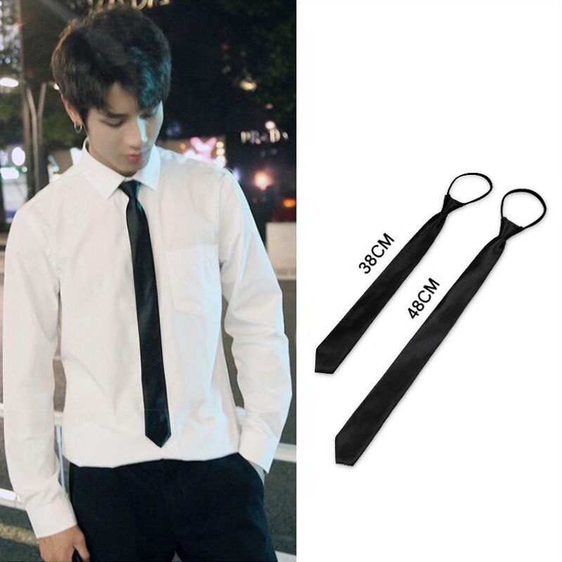 Black Satin Korean Male Tie Female College Style Zipper Free Hand Tie Knot Student Tie for JK Uniform Japanese School Uniform: Men tie 1 pc