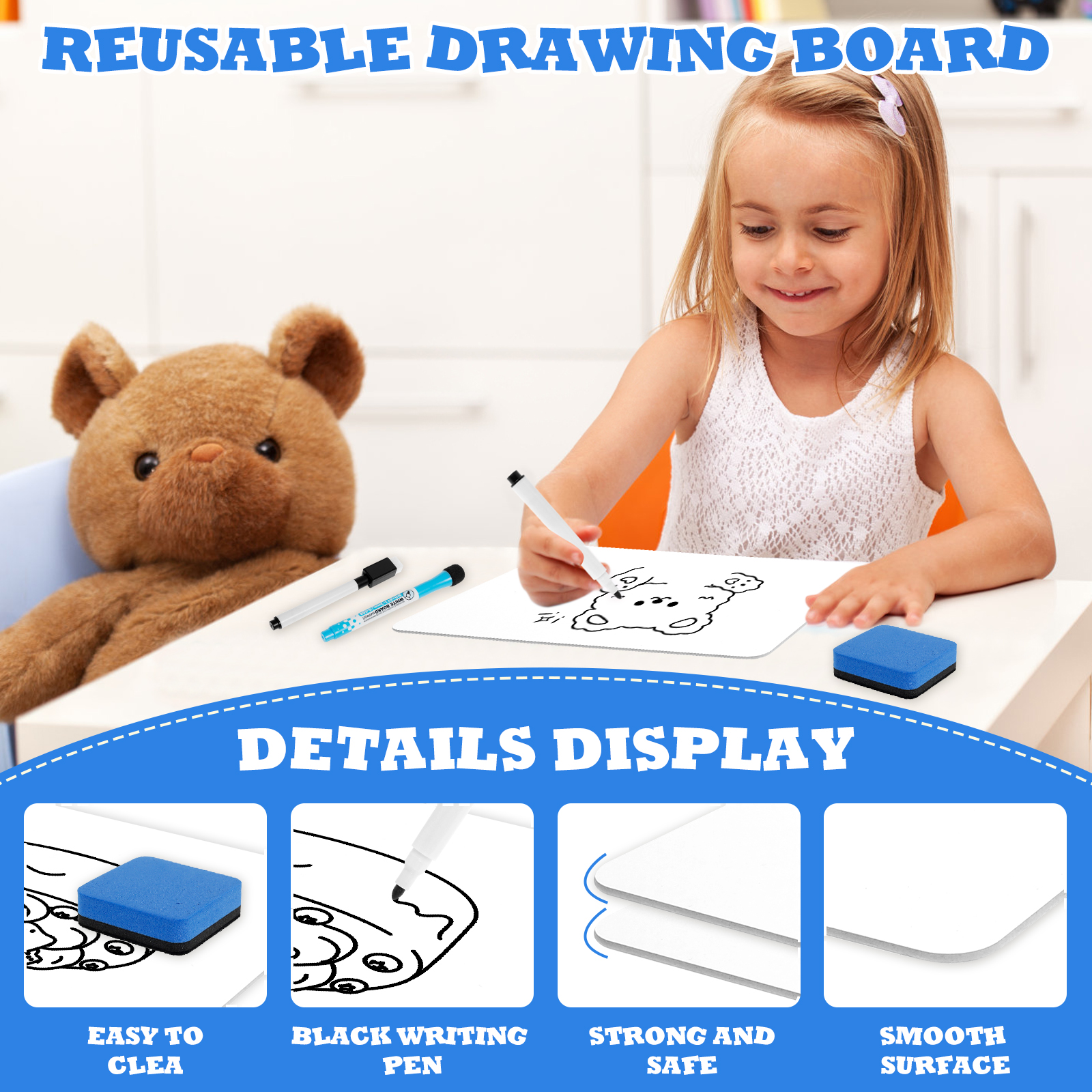 5-delig mini droog uitwisbaar bord, langdurig klein wit bord met marker en gum, dubbelzijdig droog uitwisbaar whiteboard voor kantoor