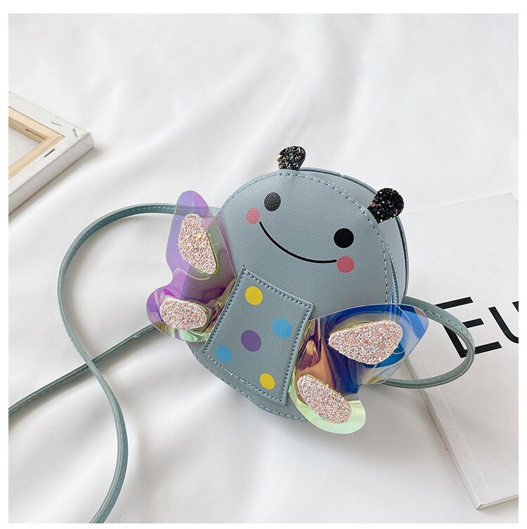 Cute Children Cartoon Bee Shoulder Bag Girl Handbag Kids Long Strap Sequin Mini Bag Baby Zipper Crossbody: Blue