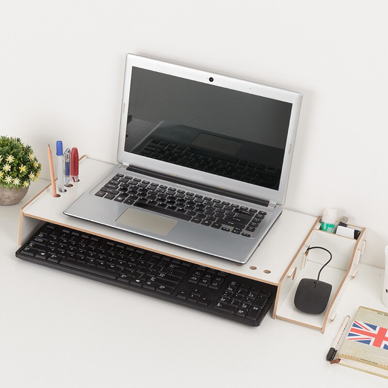Wood Assembly Laptop Desk Table Monitor Riser DIY Office Storage Shelf Computer Screen Stands Keyboard Organizer Laptop Holder: Warm White