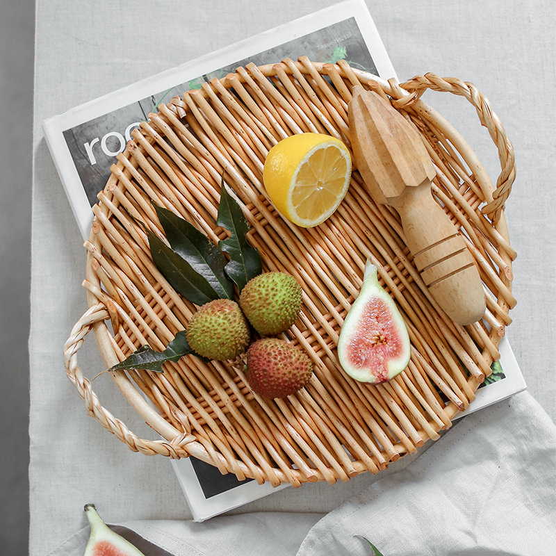 Plato de ratán hecho a mano, platos redondos de soporte para comida, plato para Sushi, fruta, tostada torta, servicio de postre, platos, comedor, decoración del hogar