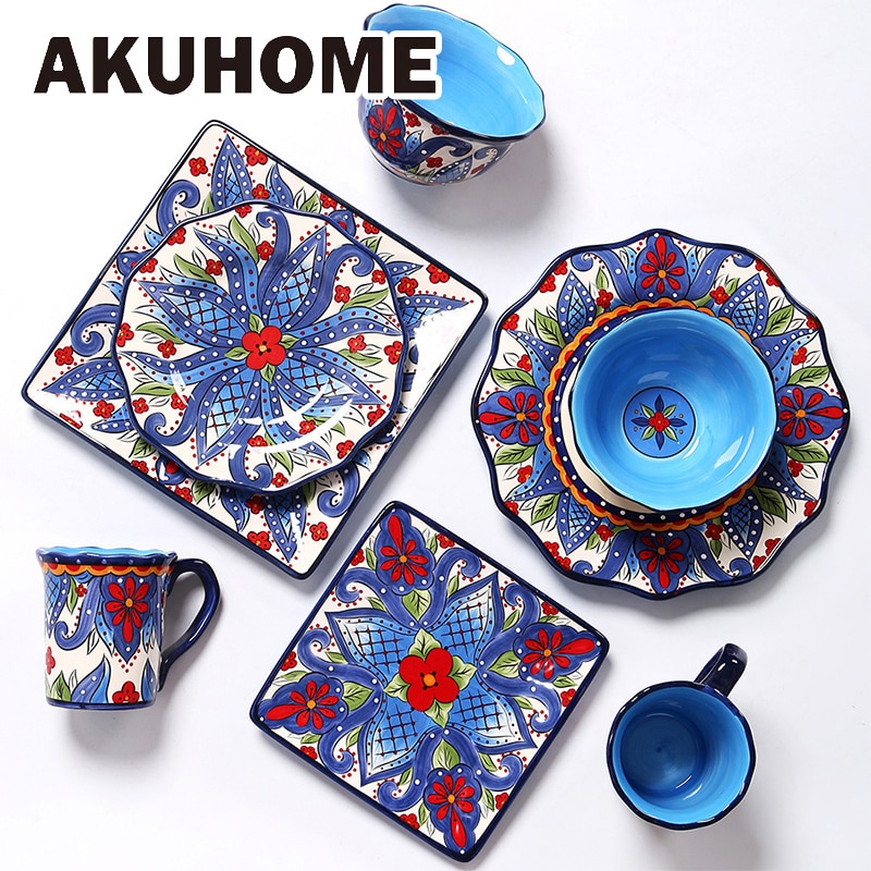 Ceramic Dinnerware Set with Flower Print Plate Bowl Mug Big Size Tableware Dish Steak Plates Retro Set