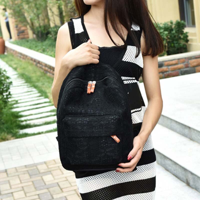 Women Solid Lace Canvas Backpacks Students Girl Backpack Female Casual Large Capacity School Bags Black/White