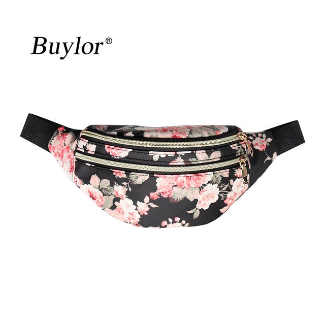 Buylor Printed Waist Pack Bags For Women Luxury Fanny Pack Travel Female Belt Bag Pouch Casual Crossbody Chest Bags: Black Rose