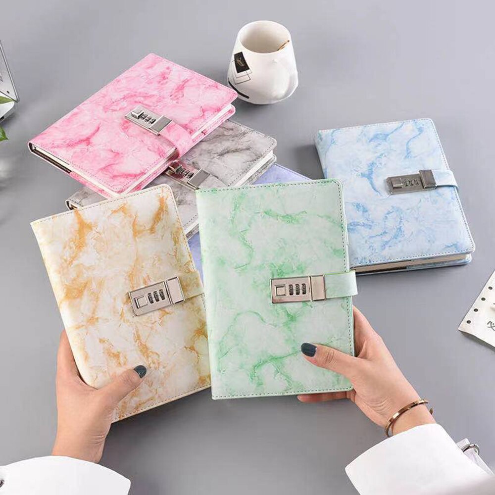 A5 Password Notebook Marble Texture 100 Sheets Personal Diary with Lock Code Thick Notepad Leather Office School Supplies
