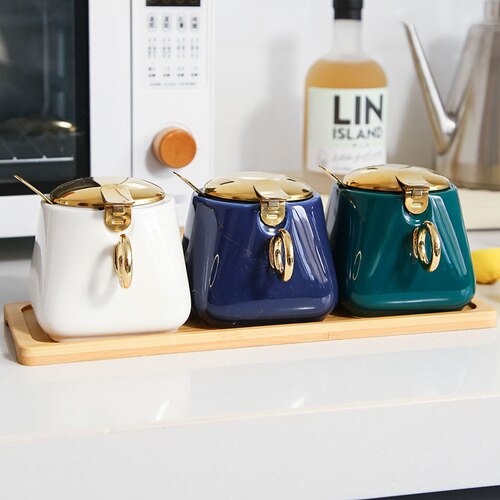 Kruidkruik Set Huishoudelijke Combinatie Zout Jar Kruiden Opbergdoos Keramische Keuken Kruiden Pot Peper Pot Met Deksel Cn (oorsprong): white blue green