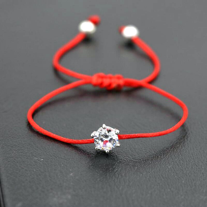 Bppccr Rood Touw Draad String Gevlochten Armbanden Vrouwen Meisjes Zilveren Kleur Kristallen Aaa Zirkoon Liefhebbers Chakra Armband Pulsears: Single zircon