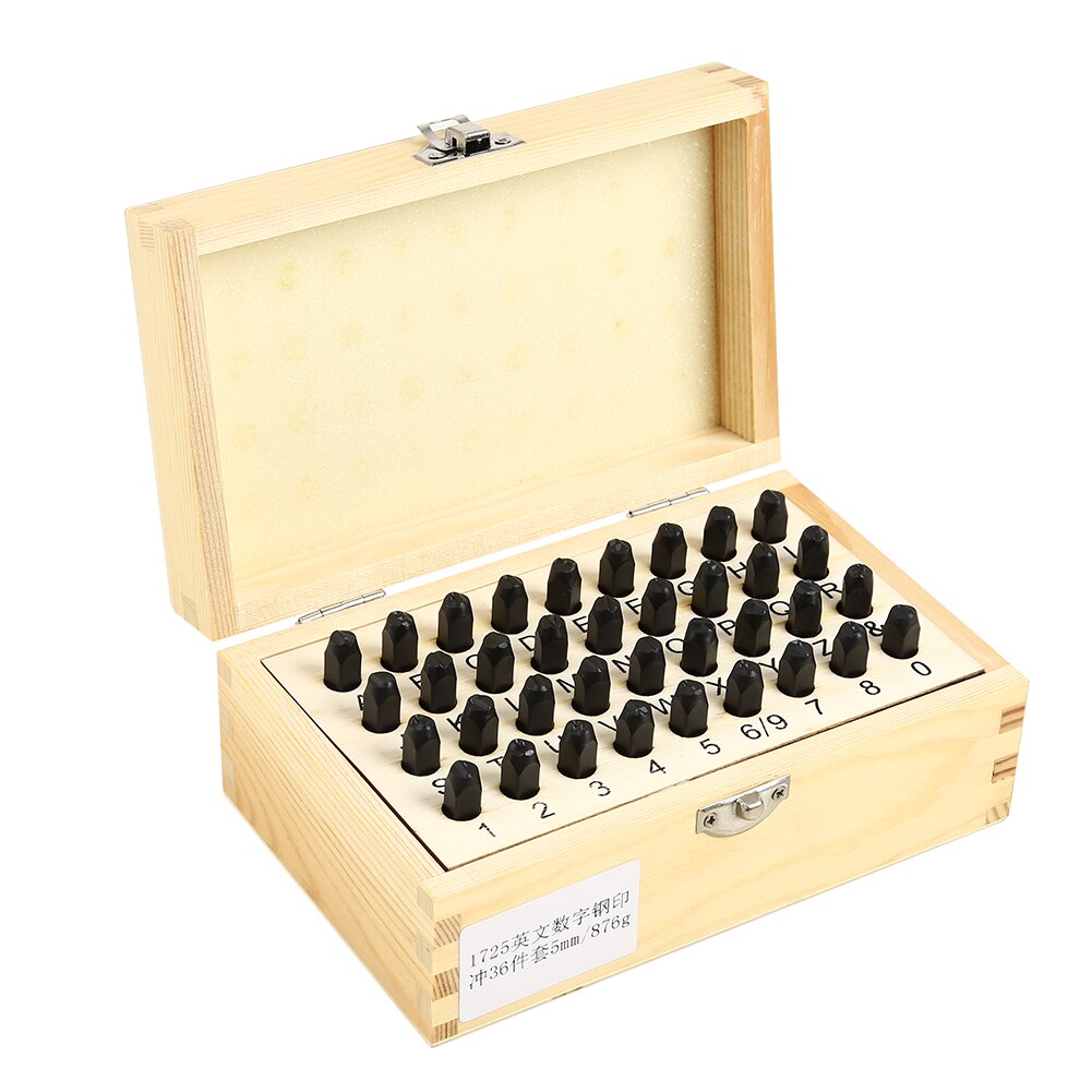 Juego de 36 Uds de punzón de acero para números y letras, Kit de herramientas para estampar cuero grabado, molde de impresión para estampado de cuero con caja de madera: 5mm