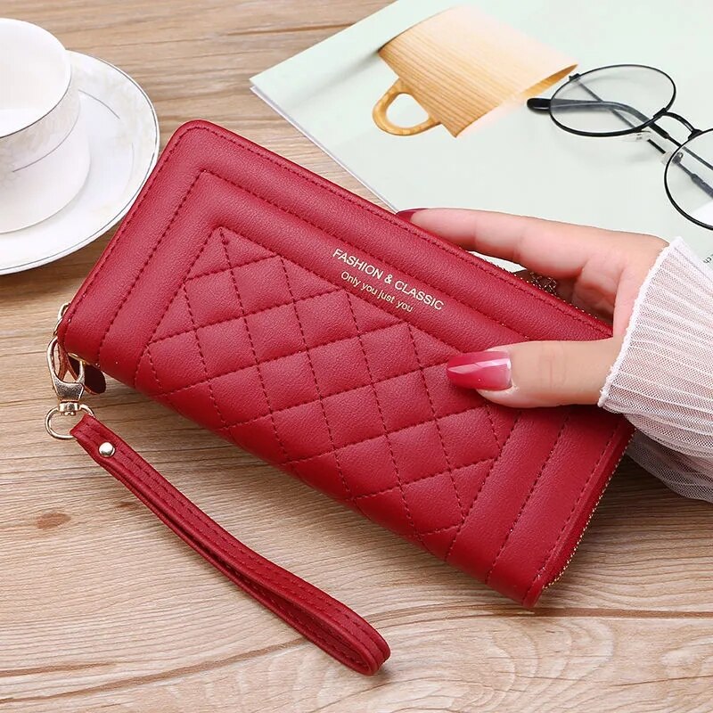 Podwójny długi portfel z zamkiem dla kobiet duża pojemność wysokiej jakości Pu skórzane portfele saszetka typu Clutch torebka Carteras Para Mujer: Single zipper red