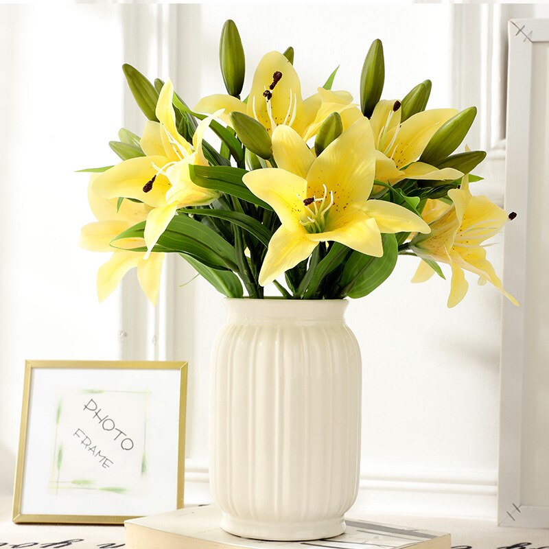 Førsteklasses imiterede blomster pvc lilje blomst håndfølelse 3 hoved lilje 1 blomst 2 knop boligdekoration bryllup blomster buket dekorativ