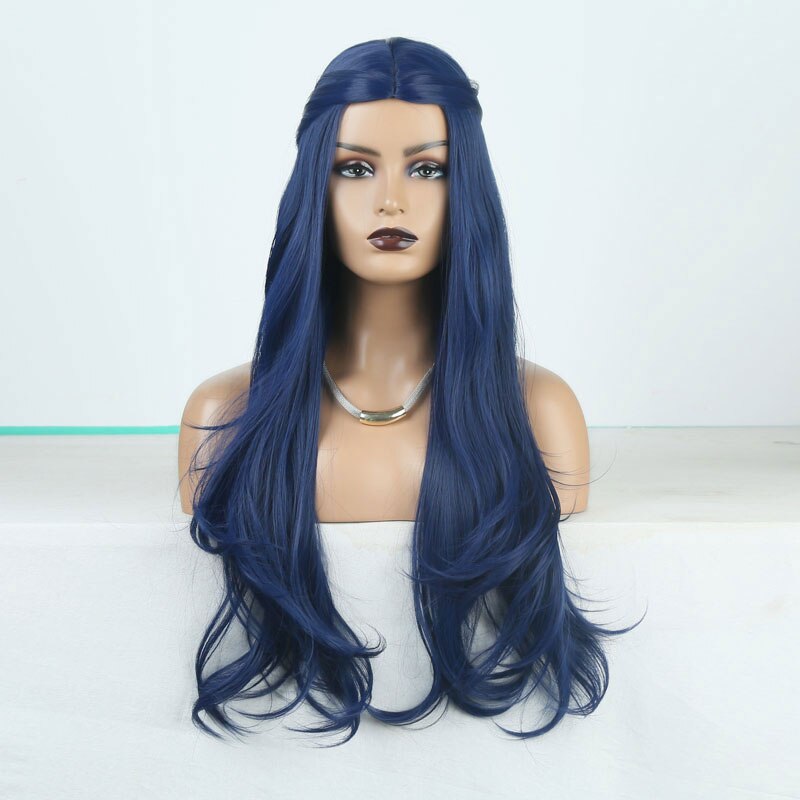 Peluca de pelo sintético de onda larga suelta azul oscuro sin pegamento de fibra resistente al calor para pelucas de mujer