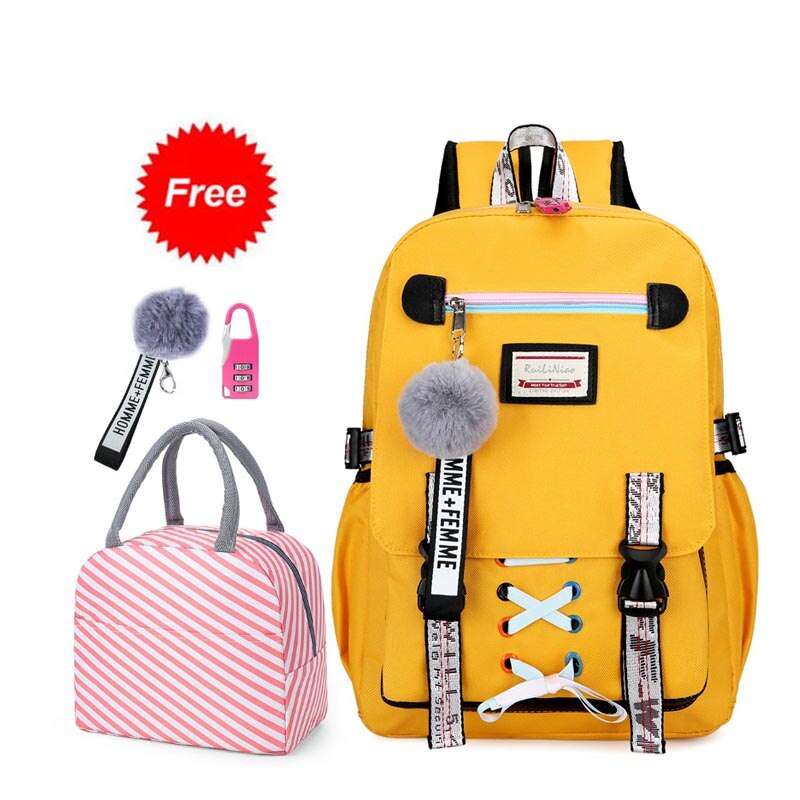 Mode Schooltassen Voor Tiener Met Lock Anti Diefstal Rugzak Vrouwen Boek Tas Junior High Schooltas Jeugd Leisure college: YELLOW