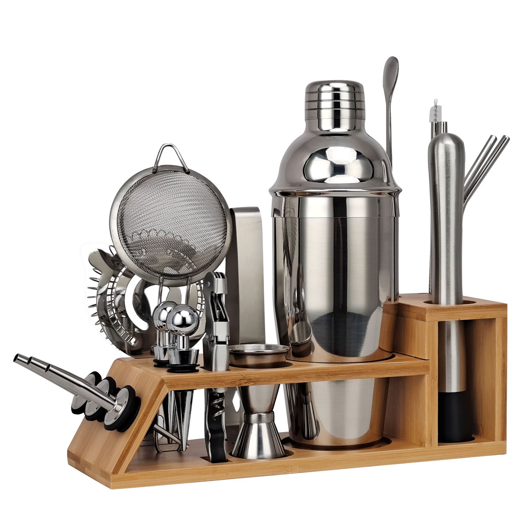 20 piece Cocktail Shaker Set Bartender Kit Stainless Steel Bamboo Weaving Bar Tool Experience for Drink Mixing Cocktail Accessor