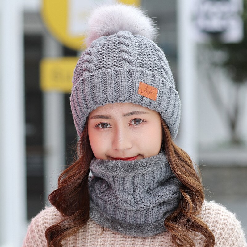 Conjunto de bufanda y sombrero de Invierno para mujer, gorro grueso de algodón, gorro de invierno cálido con anillo, bufanda, sombreros femeninos para niñas, sombrero de pompones