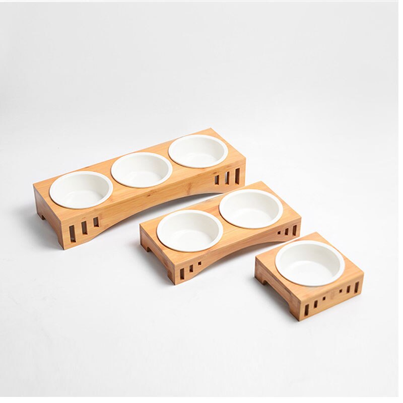 Solid Wood Pet Dining Table Bowl Pet Wooden Tilted Feeders Dog cat Anti-slip Three Bowls Cat Dish with Slope Stand(Heighten)