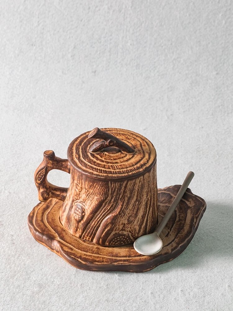 Handmade stoneware coffee mugs cup household coffee mugs with handles retro art garland cup Japanese tree stump-shape