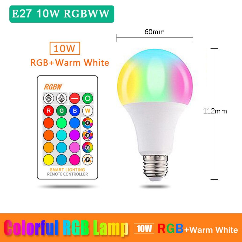 Bluetooth  e27 b22 rgbw led pære lys 5w 10w 12w 15w 110v 220v lampada skiftende farverige rgb led lampe med ir fjernbetjening: E27 10w rgbww