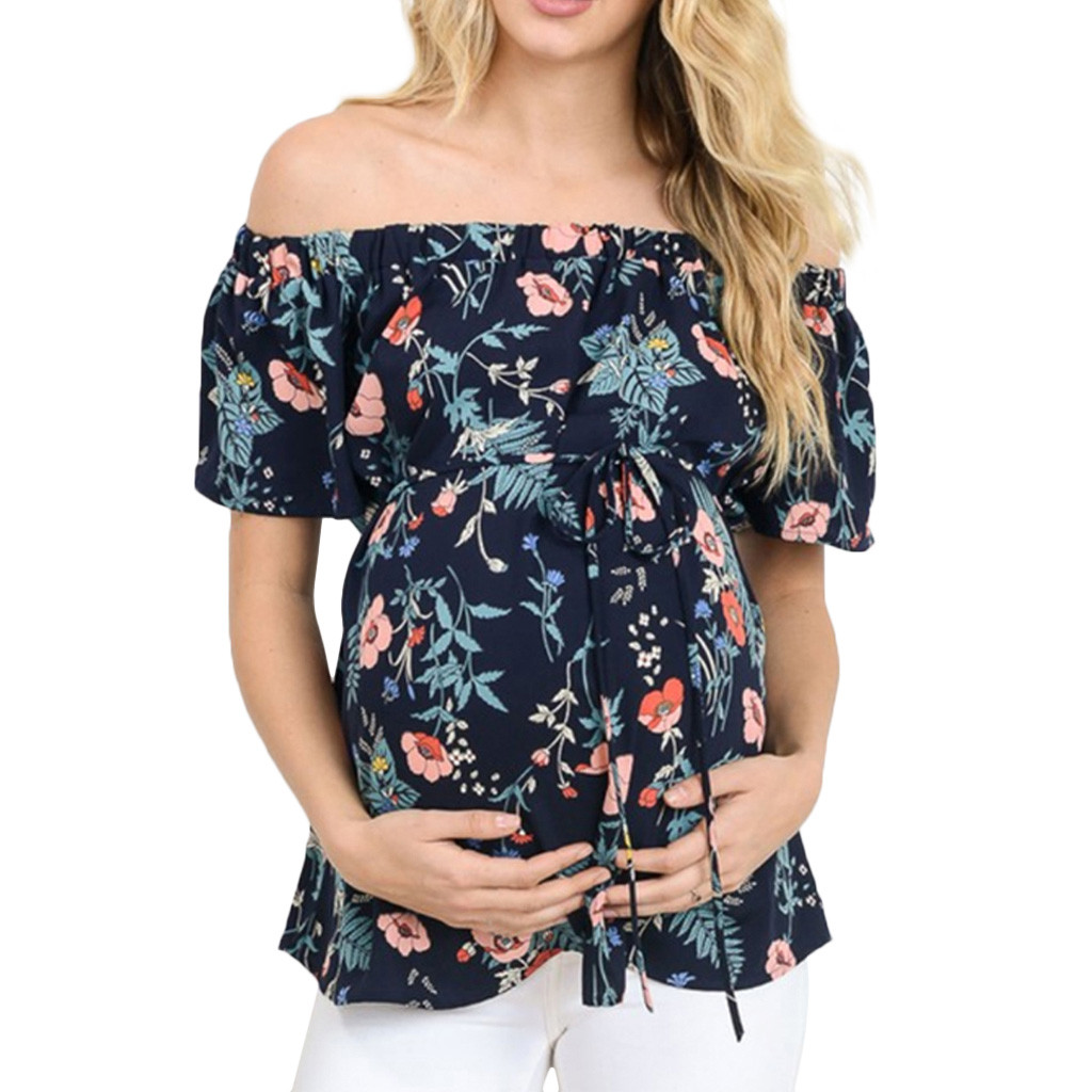 Kvinders barsel toppe ammer kort ærme off skulder blomster t-shirt graviditet shirtsropa maternal de moda