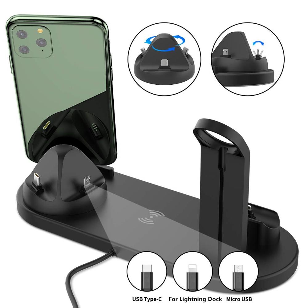 4 em 1 estação de carregamento sem fio do carregador do desktop da mesa da doca para dispositivos múltiplos para o relógio da apple airpods iphone micro usb tipo-c