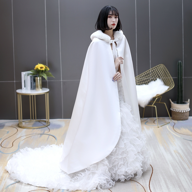 Wijn Rode Bridal Cloaks Hooded Faux Fur Floor Lange Warme Herfst Winter Bruiloft Cape Bruid Accessoires: Ivoor