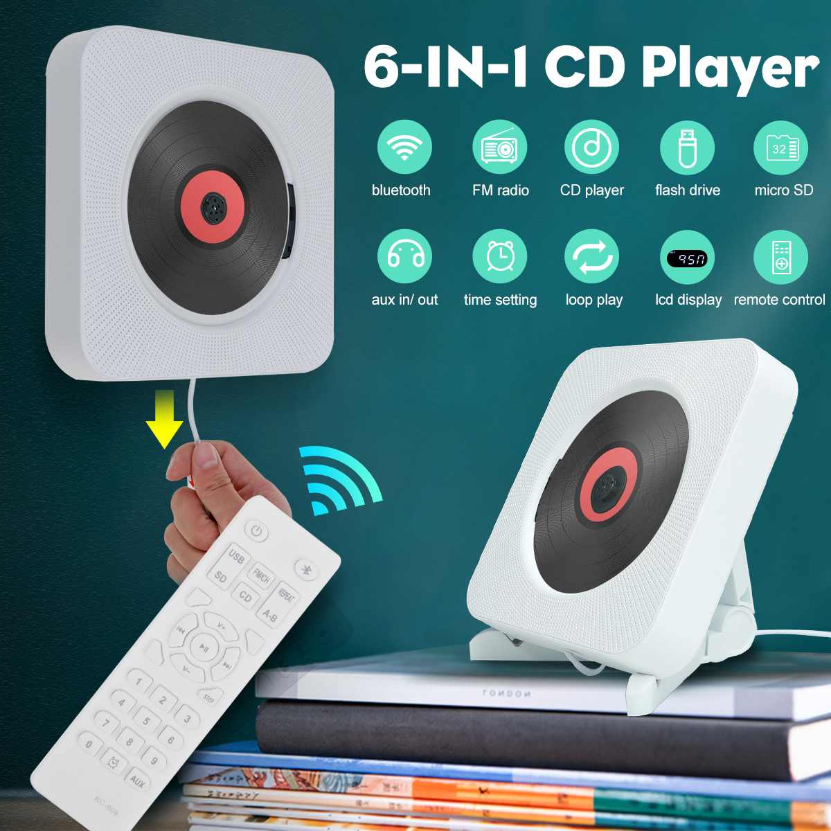6 In 1 multifunctional Wall Mounted CD MP3 Player With Bluetooth Remote Control HiFi Music Built-in Speaker Discman Lecteur CD