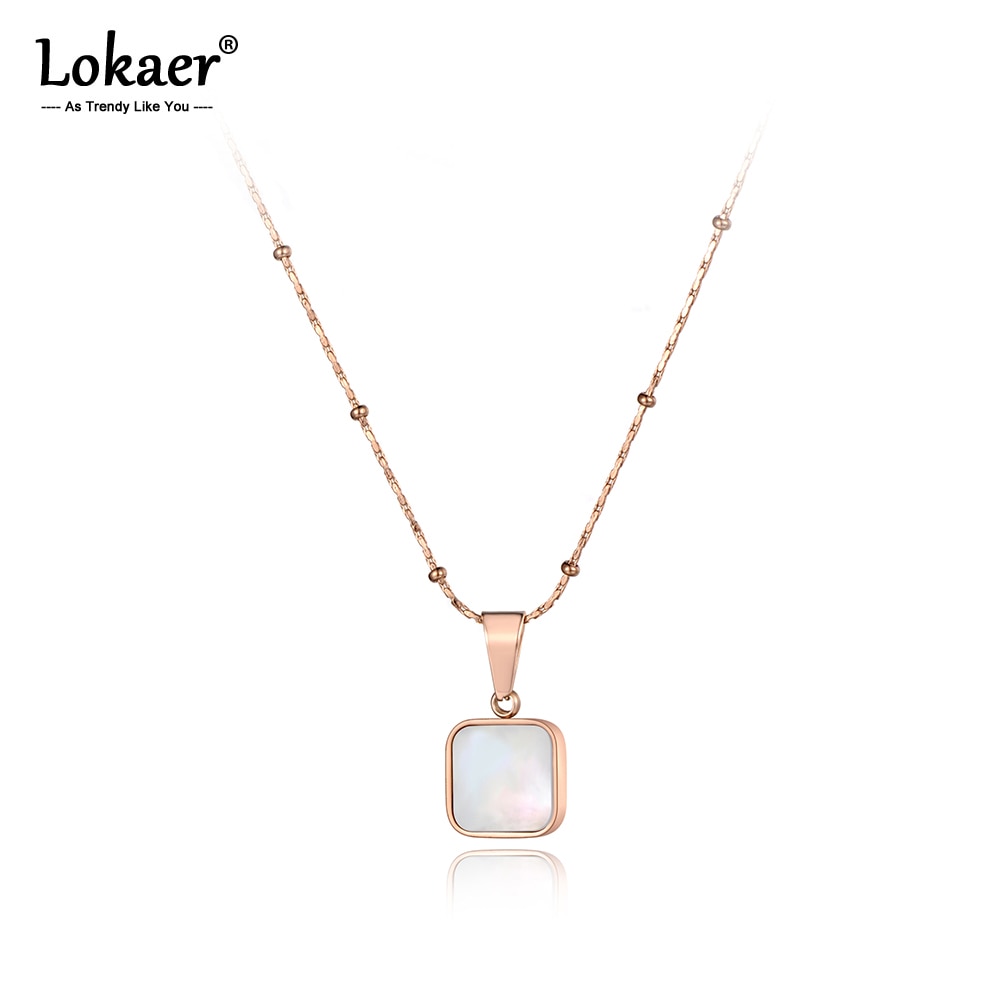 Lokaer blanco Shell collar con colgante cuadrado para las niñas de titanio de oro rosa de acero inoxidable mujer collar de gargantilla de cadena de N19145