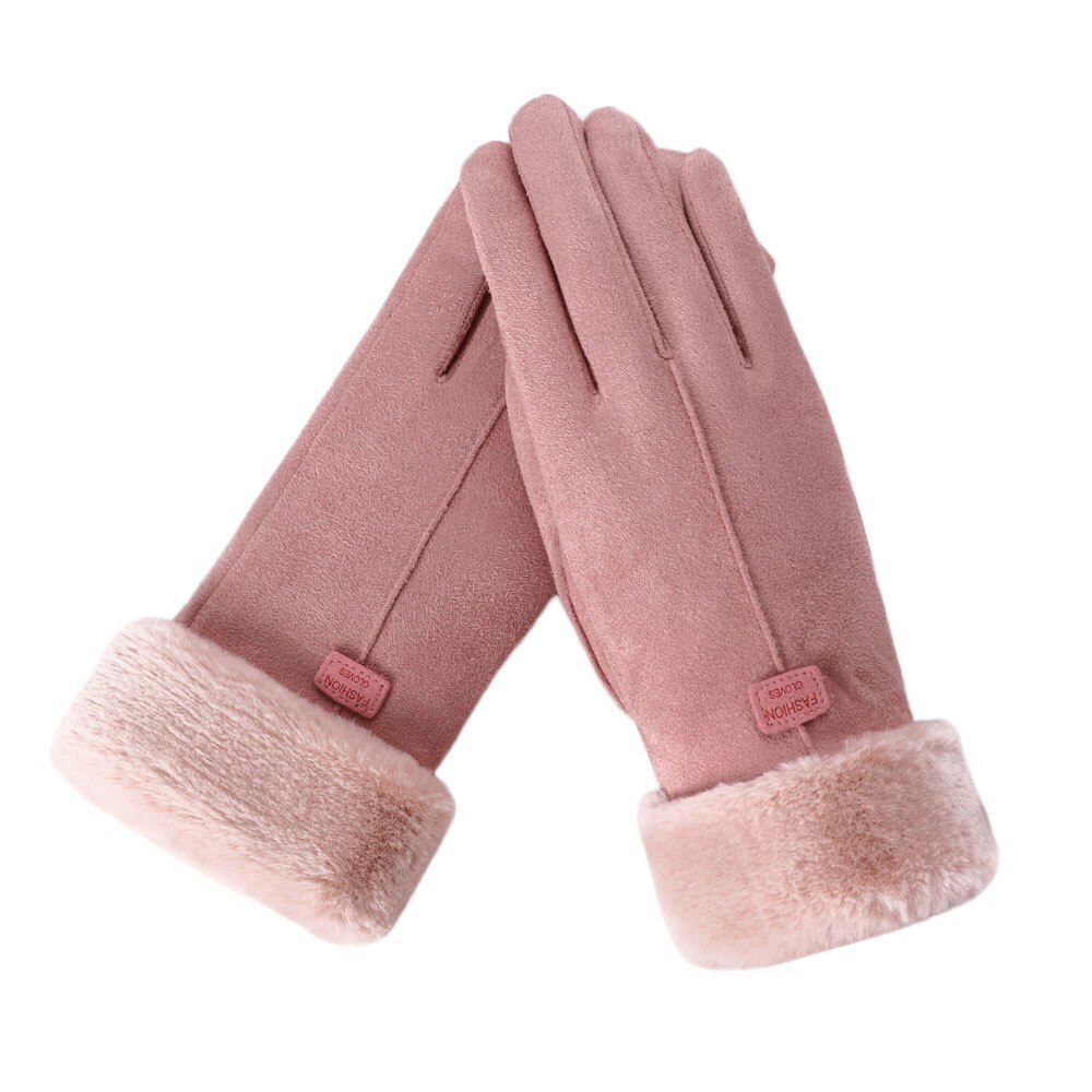 Vrouwen Winter Handschoenen Dames Meisjes Outdoor Warmte Volledige Vinger Gevoerd Rijden Handschoen Bont Wanten Gants: Pink 