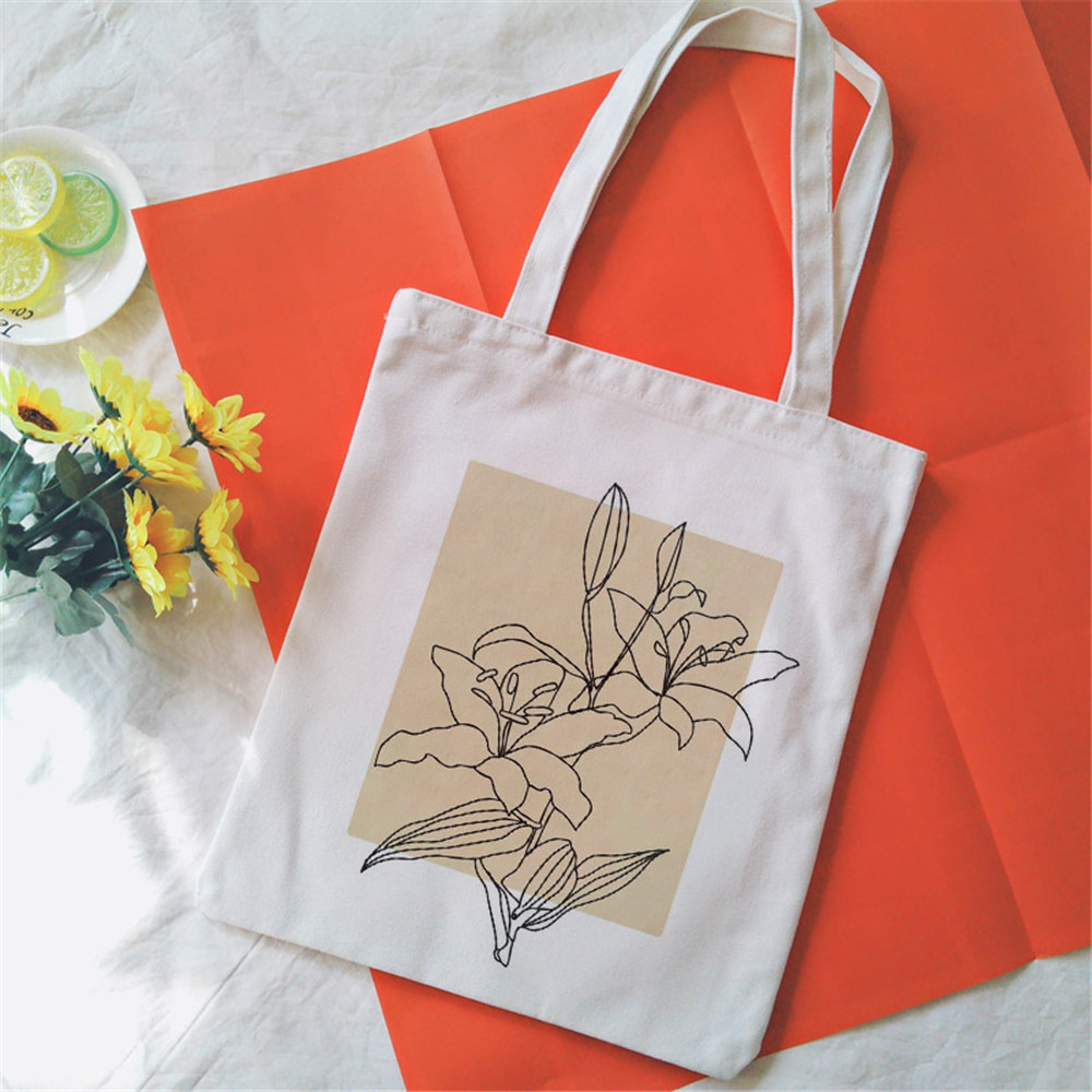 Bouquet Printing Canvas Tote Bag Aesthetic Line Drawing Plant Print Canvas Bags Harajuku Ulzzang Shoulder Bag Handbag: 2327