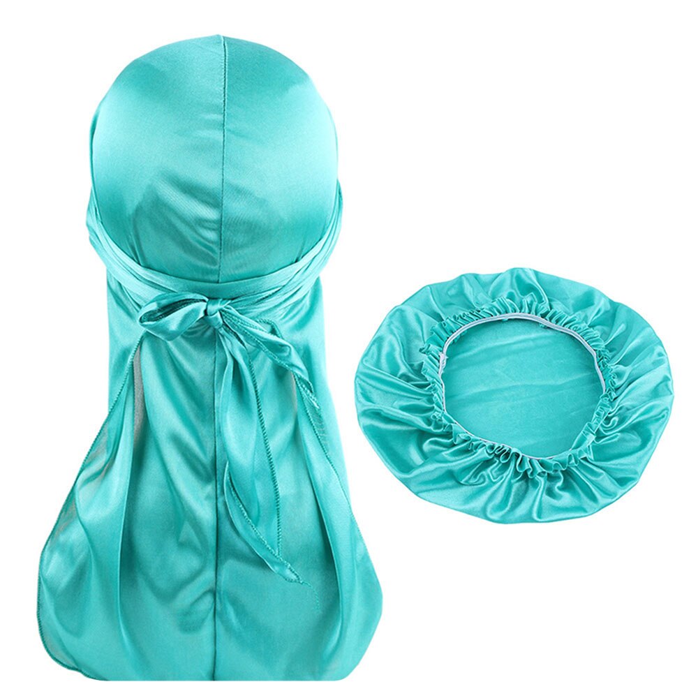 Silkemyk durag og pansersett for menn og kvinner langhale du-rag waves cap turban: Cyan