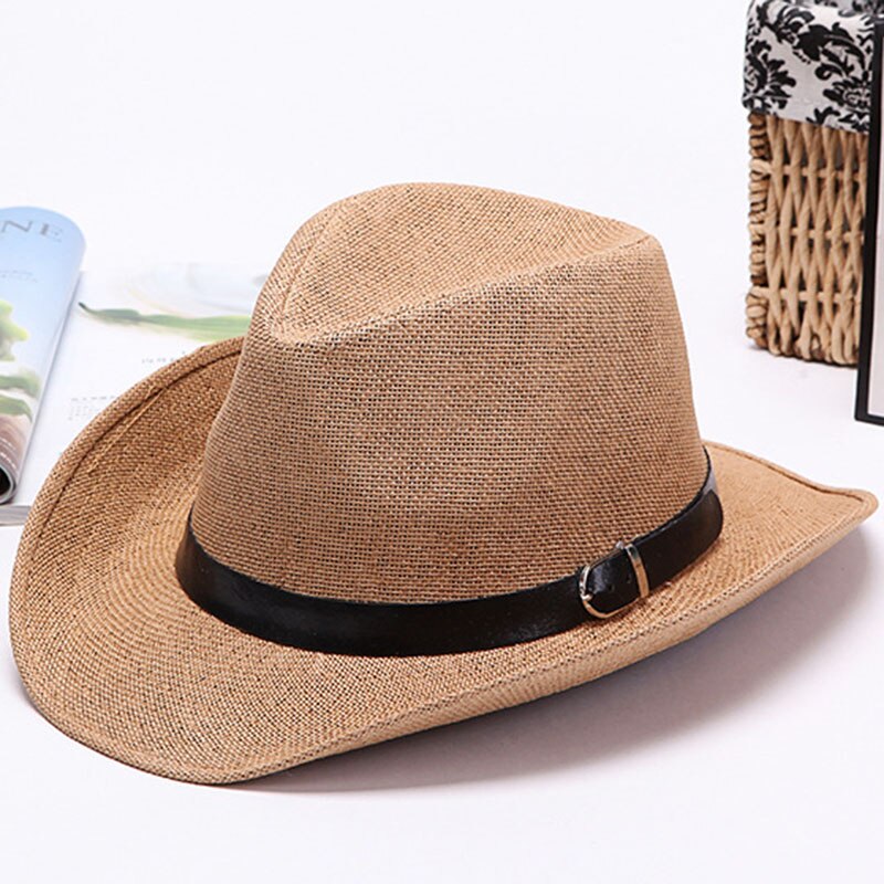 Men Straw Cowboy Hat Classic Western Cowboy Sun Hats for Summer Beach -OPK: Khaki