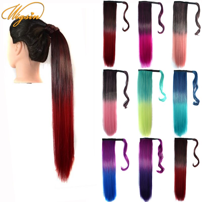 WIGSIN Synthetic Ponytails Wrap Around Clip In Hair Extension 22Inch Long Wavy Ponytail Ombre Red Pink Style Hairpiece for Women