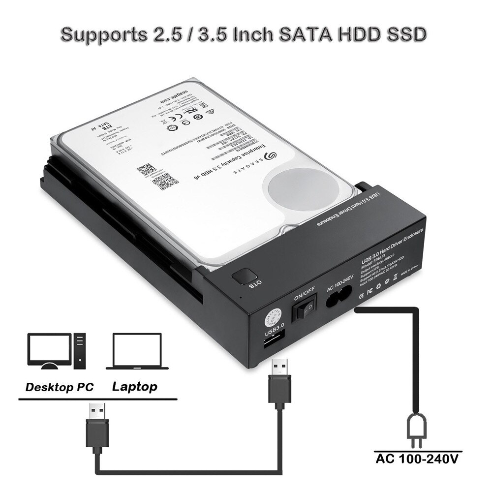 3.5 Inch USB 3.0 to SATA III External Hard Drive Enclosure Case Built-in Adapter Support Both 2.5" &amp; 3.5" SATA HDD SSD Tool Free