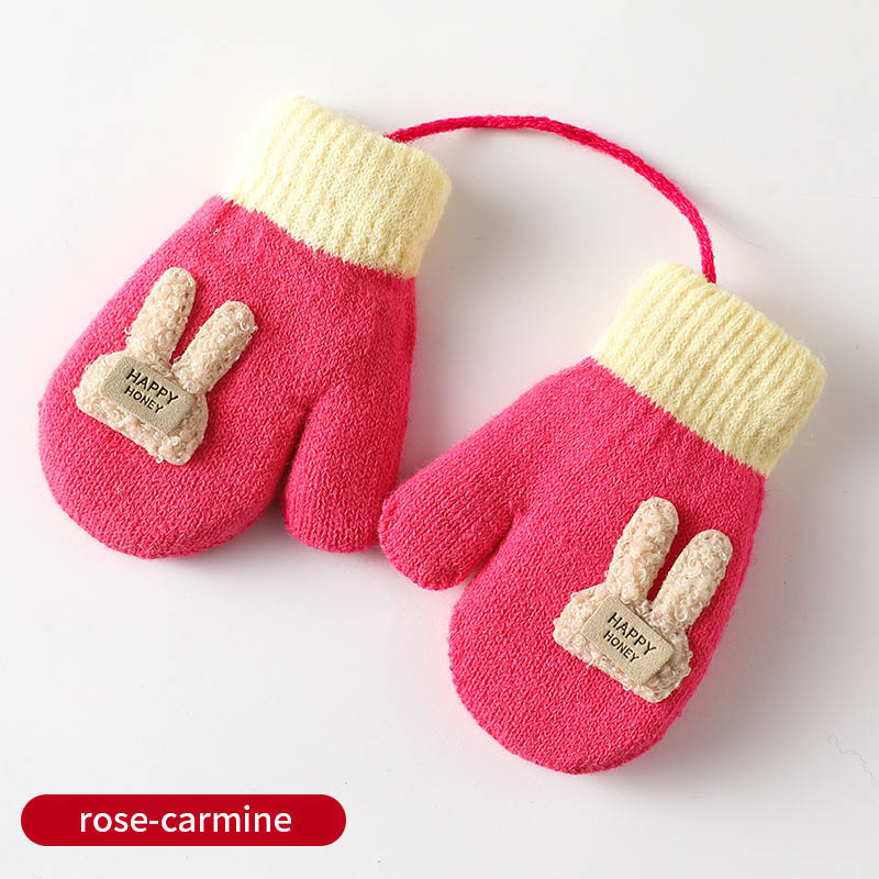 Guantes gruesos y cálidos para bebé, manoplas de punto suave con dibujos animados, cuerda para niño de 1 a 5 años: rose red