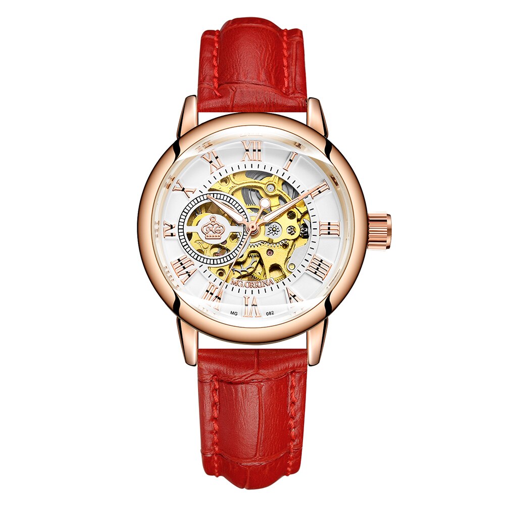 ORKINA Mechanische Frauen Armbinde Uhr Skelett Automatische Armbanduhr Gittergewebe Edelstahl Band Weibliche Uhr schick Reloj Mujer: 082 rot L