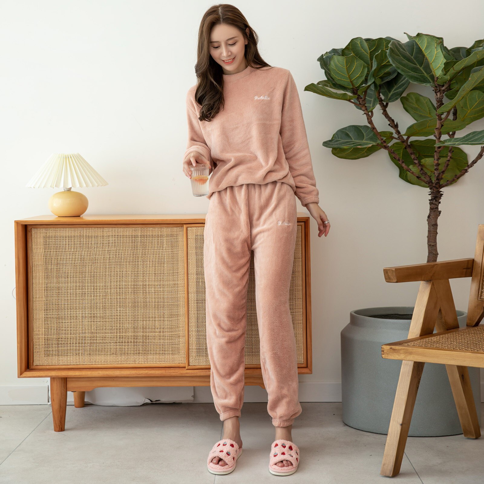 Winter Thick Warm Female Elastic Waist Thick Warm Sleepwear Homewear Autumn Women Sleepwear Autumn Winter Flannel Pajama Set: Pink