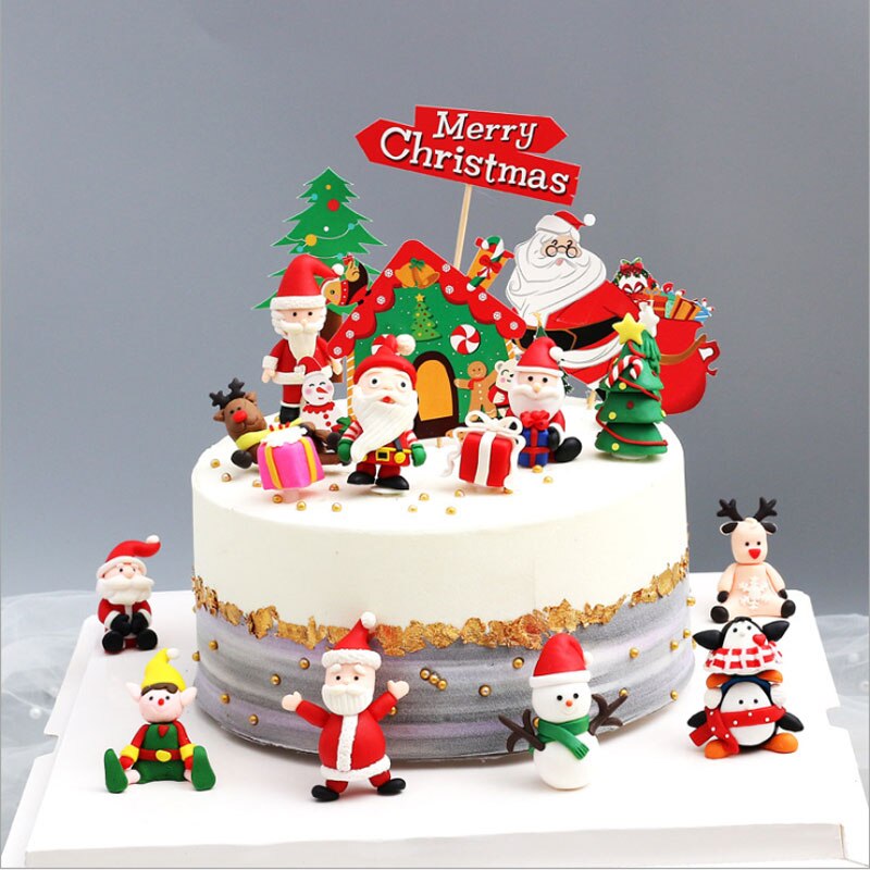 Christams party Cake Toppers Soft clay Christmas cake decoration cake decoration cards and Cake Flags Santa Claus and elk