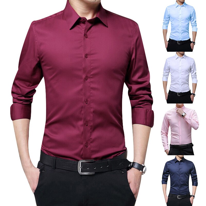 Men Long Sleeve Shirts Slim Fit Solid Business Formal Shirts for Autumn MCK99