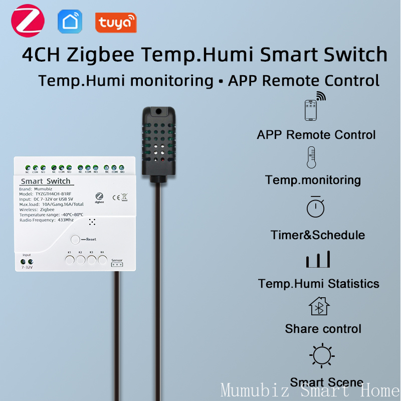 Tuya Smart TH10 Zigbee 4-kanaals schakelaar met temperatuur- en vochtigheidssensor Passief droog contact Zigbee-relais Werk met Alexa
