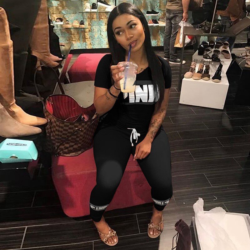 Pink Letter Print 2pcs Tracksuits Women Two Piece Set Street T-shirt Tops And Jogger Set Suits Casual 2pcs Outfits