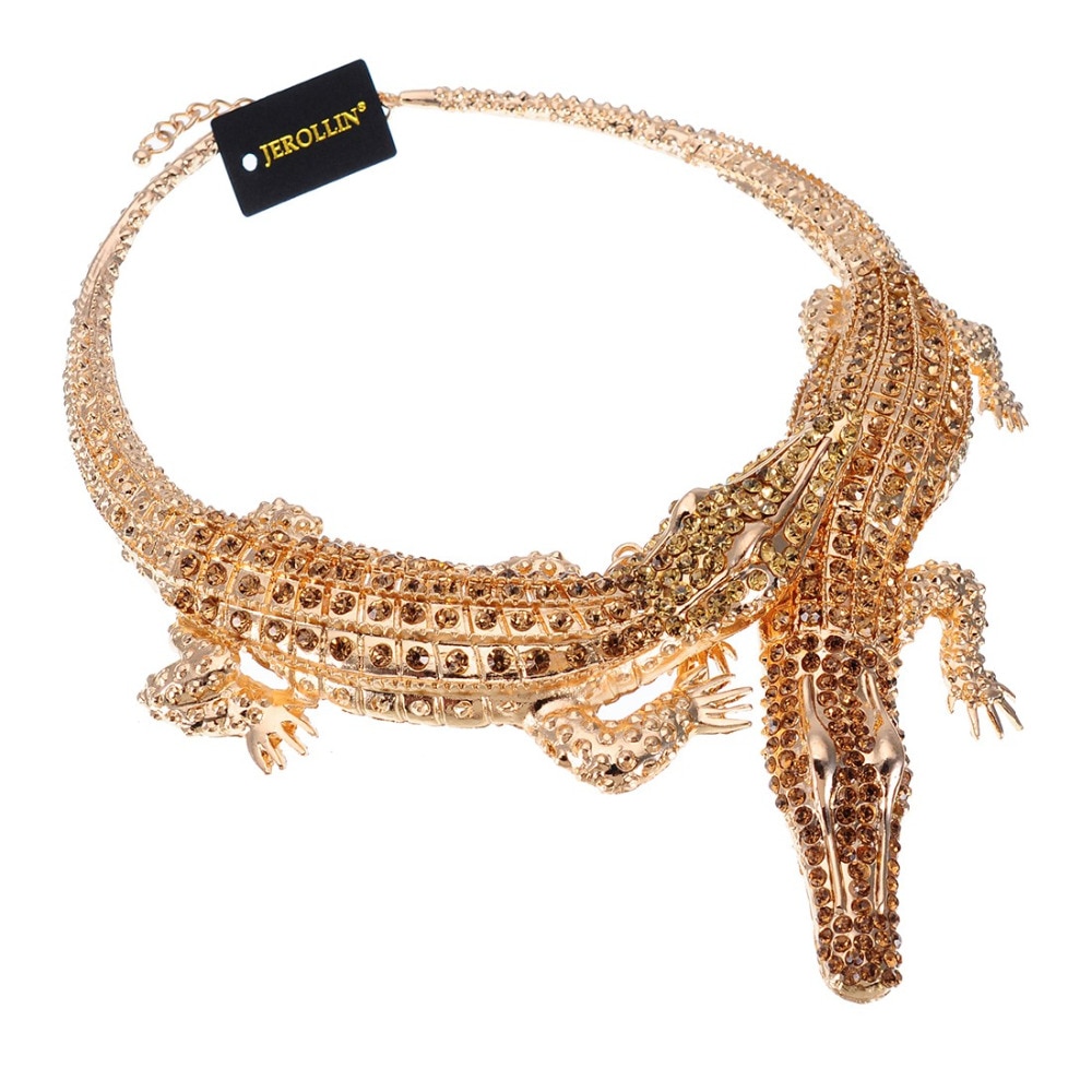 Jerollin stora två krokodiler halsband inlägg hel strass kvinnor stor choker legering uttalande smycken haklapp maxi halsband