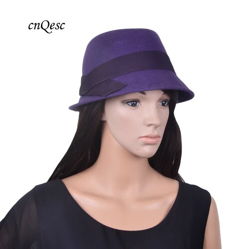purple real Wool hats warm felt winter women's hat wedding church trilby with gross grain ribbon