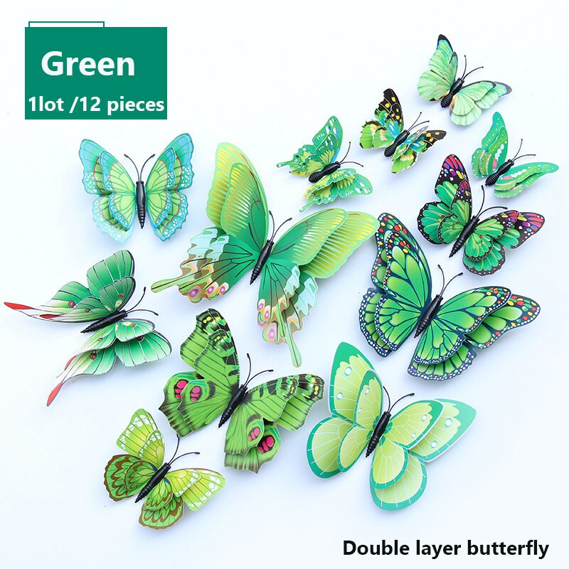 12 pièces/lot multicolore papillon Stickers muraux Double couche 3D bricolage papillons Stickers muraux pour décor à la maison salon: green
