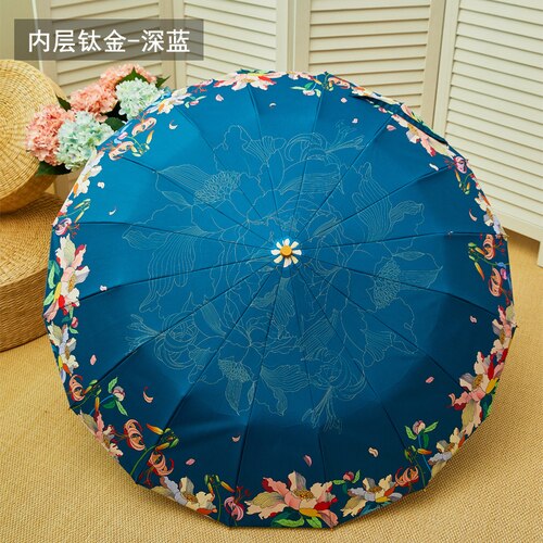 Japanse stijl bloemen paraplu regen vrouwen anti uv zonneparaplu houten handvat drie opvouwbare paraplu's zilveren coating 16k parasols: Marine-buiten