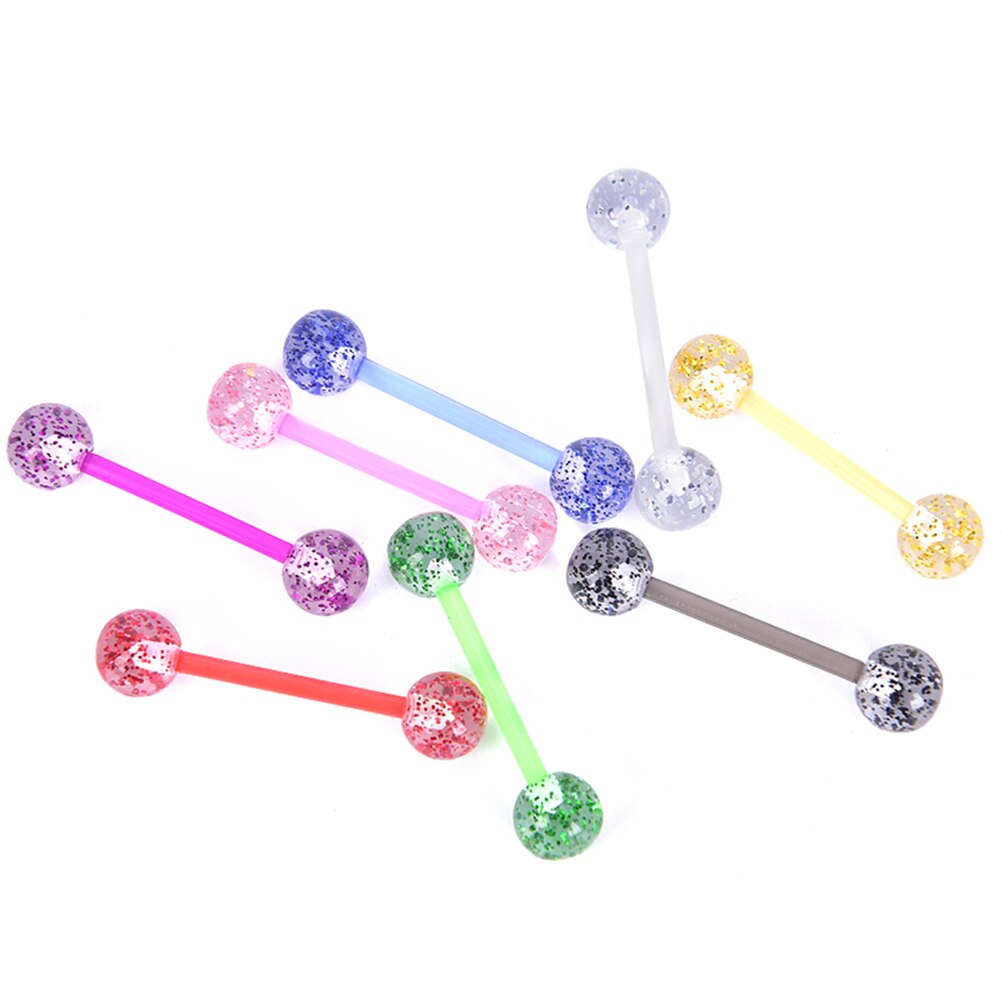 8 stks/set Kleurrijke Glitters Tong Ringen Acryl Zachte Staaf Barbell Ball Tong Stud Piercing Sieraden