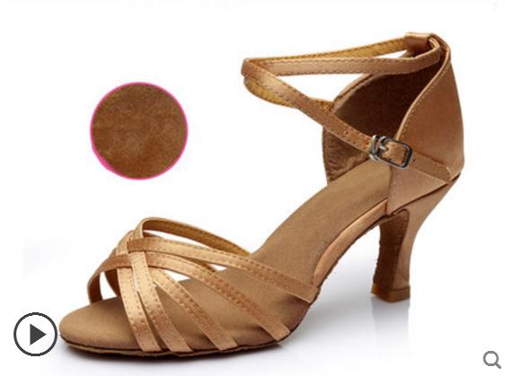 Vrouwen Latin Dans Schoenen Hoge Hakken Koeienhuid zachte bodem Black satin Sport schoen Latin Indoor Goedkope Meisje Beoefenen Grote Korting: Light skin heel5.5cm