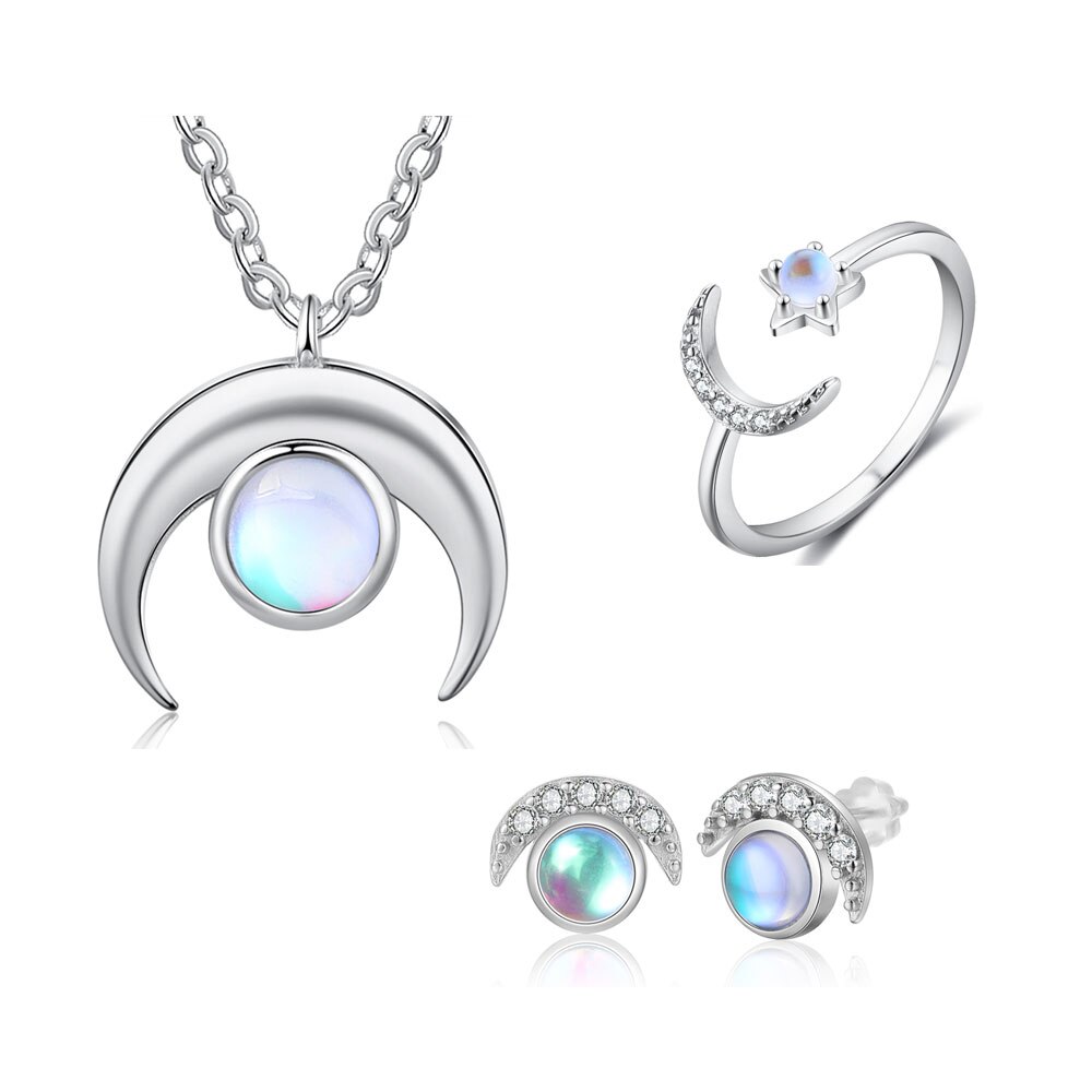 Moonstone bijoux ensembles 925 en argent Sterling pendentif collier anneau boucles d'oreilles avec Zircon mariage fête bijoux ensembles (Lam Hub Fong): N-R-E