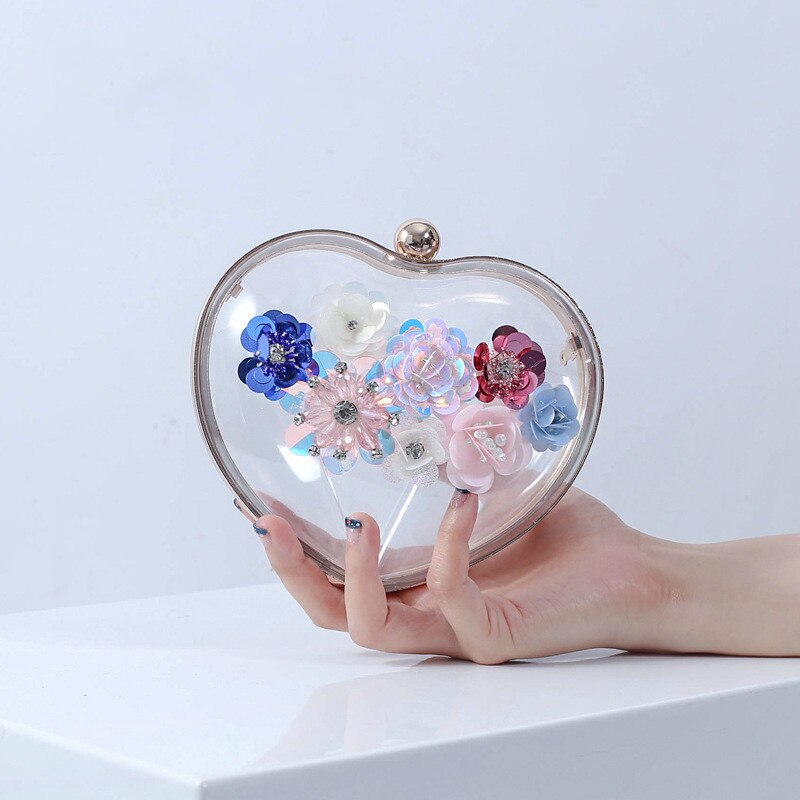 Transparent Women Evening Bag Socialite Flower Handbag Heart Mini Package Wedding Party Bride Clutch Night Purse Chains Bag