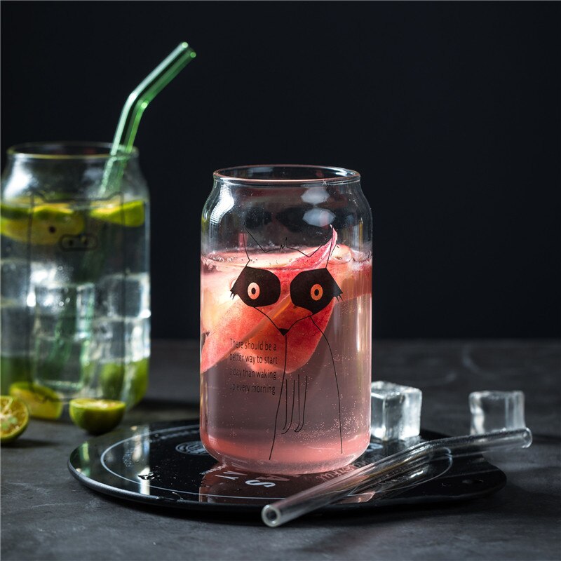2Pcs Animal Pattern Glass Cup Transparent Cola Milk Juice Glass Home Office Coffee Mug Flower Teacup Drinking Glasses: Fox